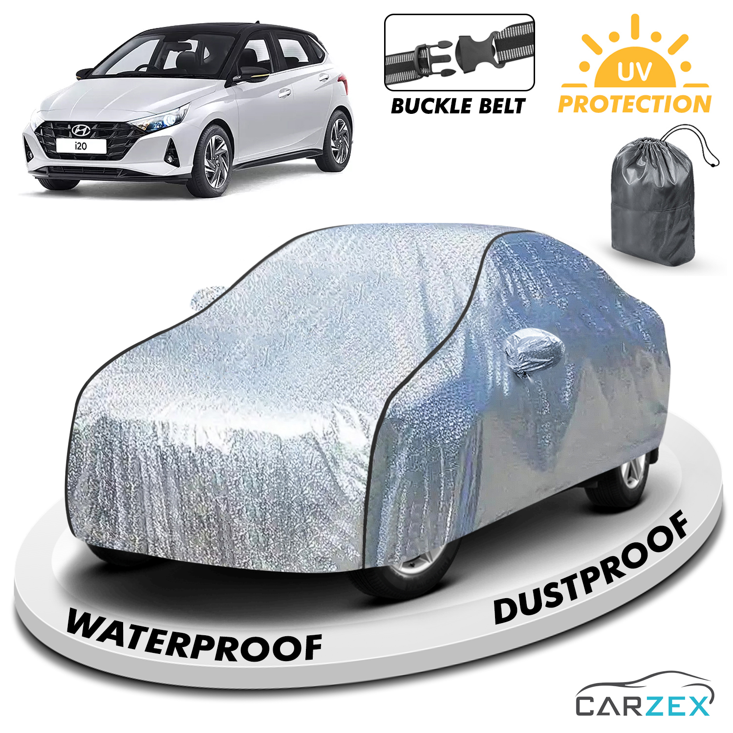 Carzex Waterproof & Heat Resistant Metallic Silver With Black Border Car Body Cover with Mirror Pockets For Hyundai i20 n line